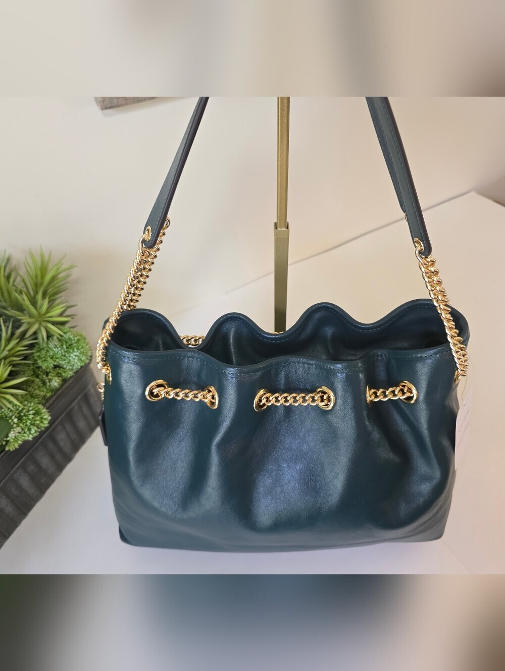 Coach Evelyn Shoulder Bag Dark Teal Smooth Leather Gold Chain- NWT - Picture 6 of 13